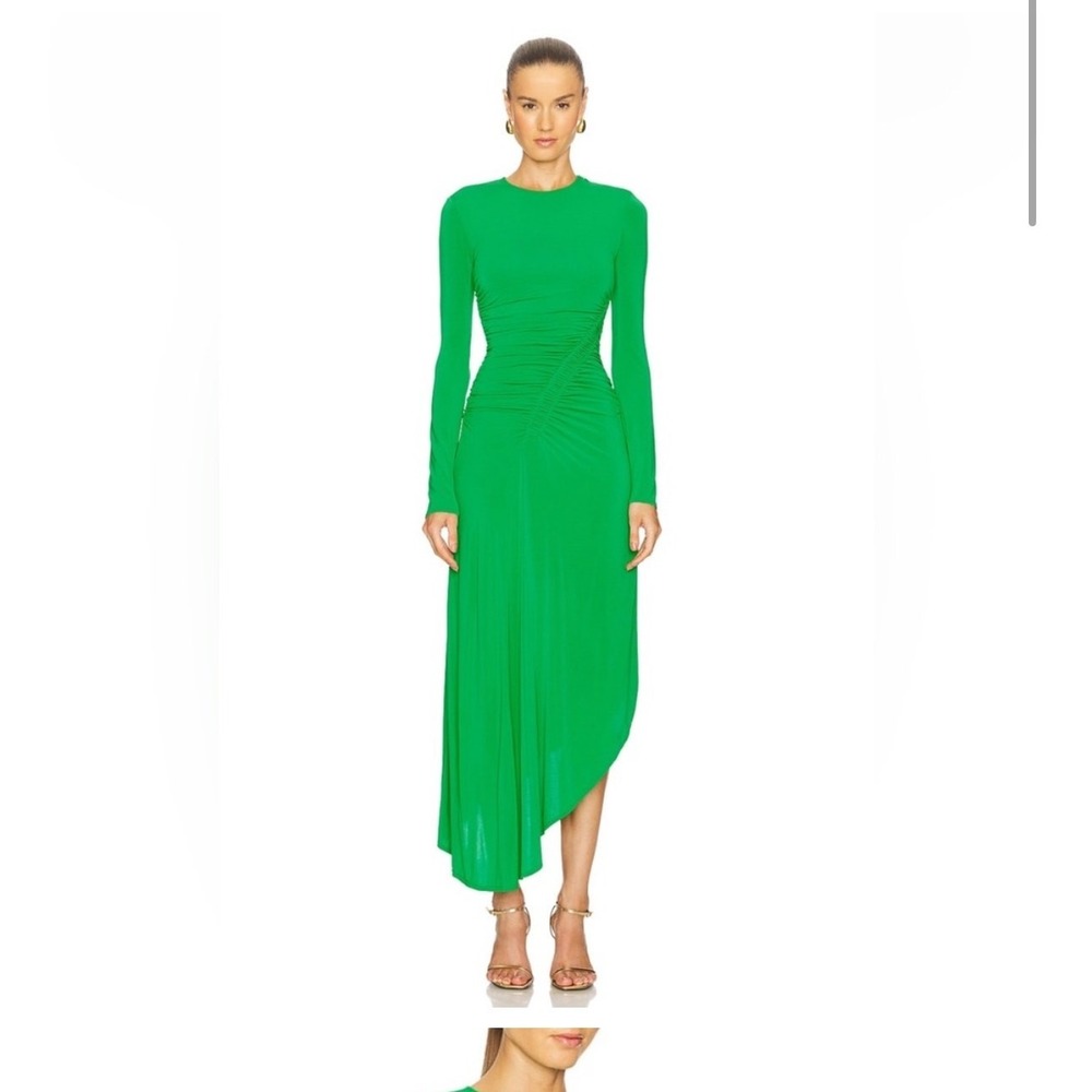 A.L.C. Fern Green Ruched Asymmetrical Midi Dress Long Sleeve Crew Neck XS NEW‎